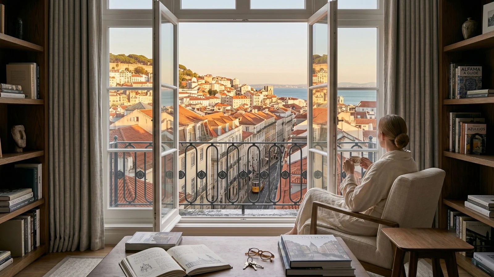 A design-led apartment with morning light over the city